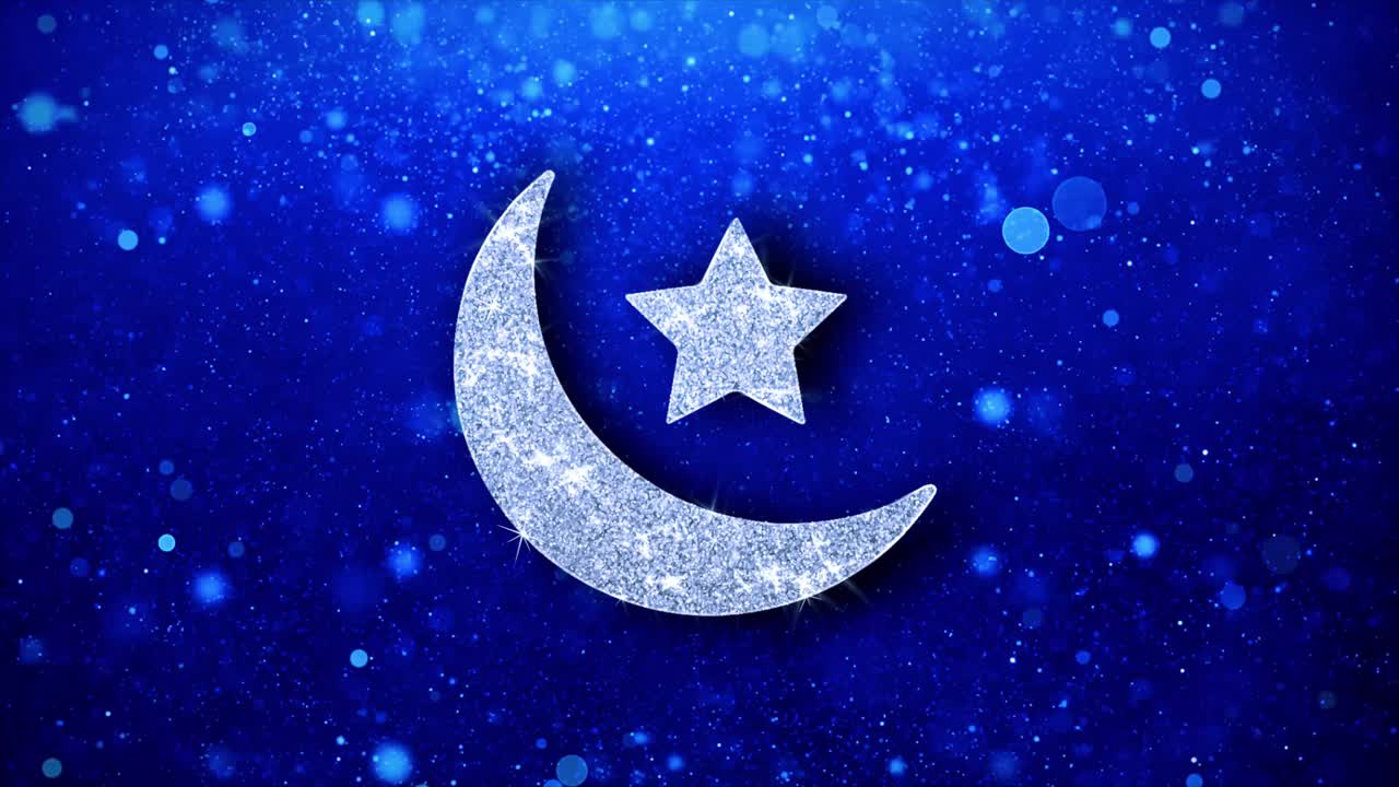 Eid islamic icon white blinking glitter glowing shine on blue particles shape web text design