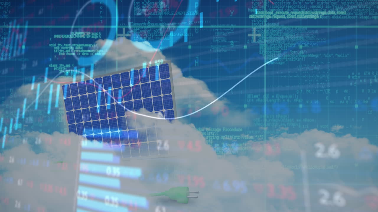 파란 하늘의 구름에 대한 태양 패널을 통해 금융 데이터 처리가