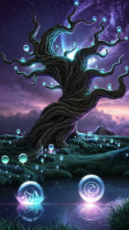 mystical glowing tree in a cosmic night landscape