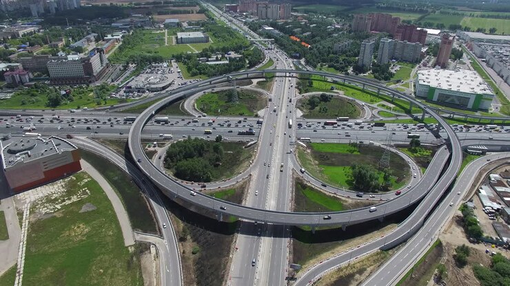 Cloverleaf intersection with circular overpass aerial view