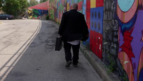 old man tired of 9-5 wearing a suit and walking slow and tired on a street with a mural on the wall