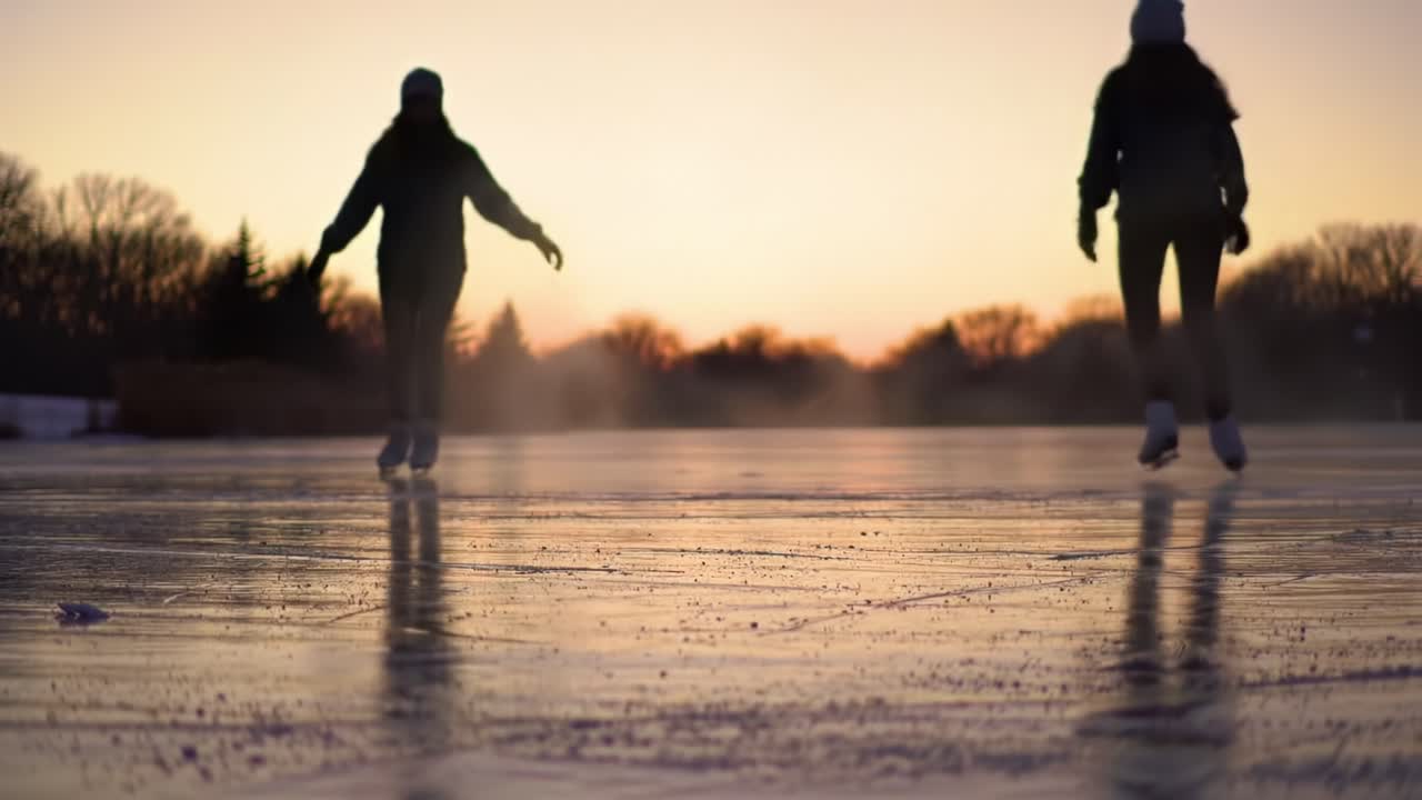 Skaters Gliding Gracefully Across the Icy Surface at Dusk, Capturing the Essence of Winter's Beauty and the Joy of Ice Skating under a Colorful Sky