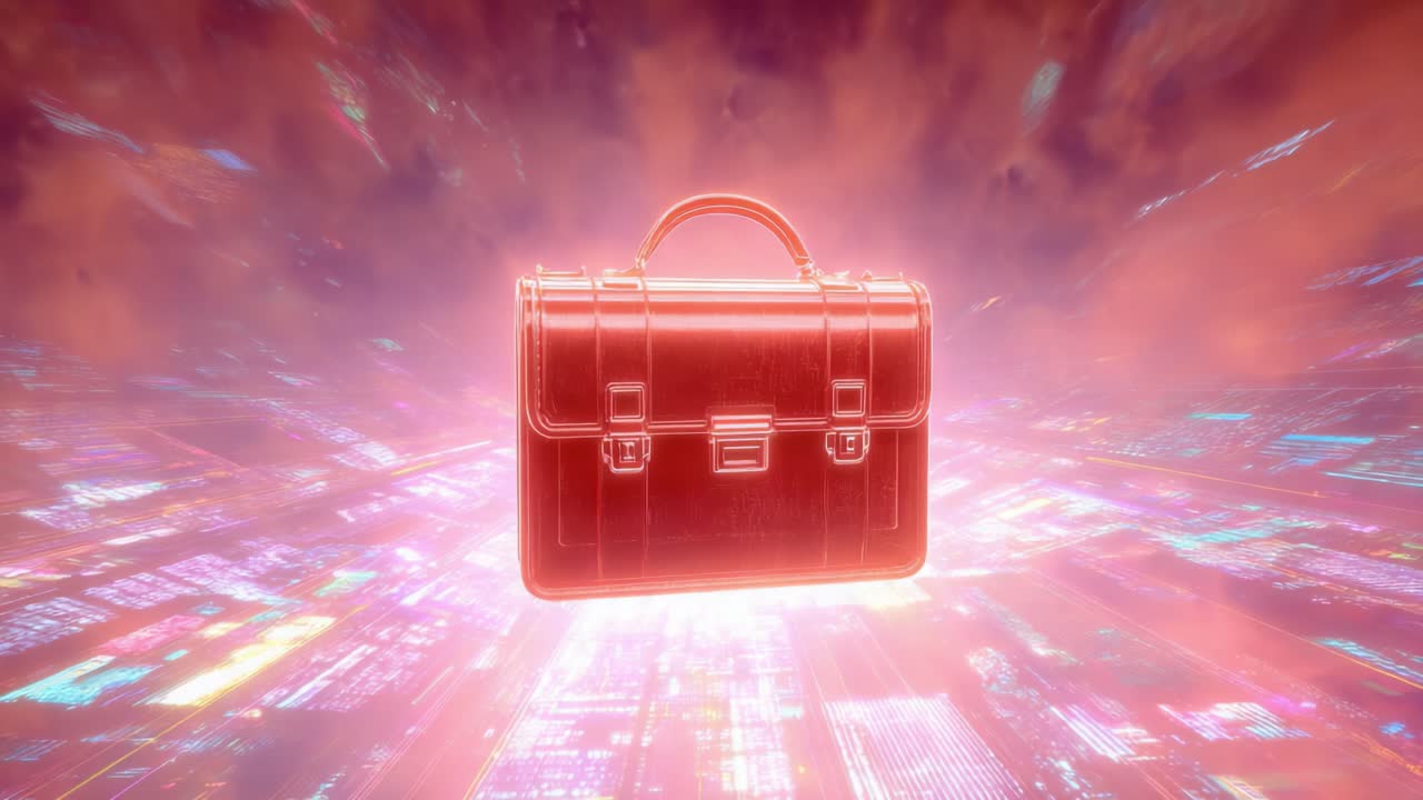 Luminous red briefcase slowly spinning against an abstract background of moving digital data streams and cosmic nebulae, representing modern business, technology, and financial data transfer