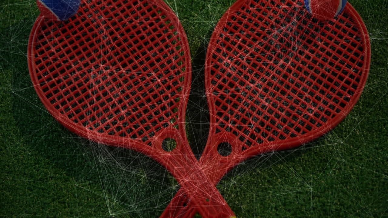 Two crossed red paddles being shown on grass, featuring white geometric web overlay in flat design