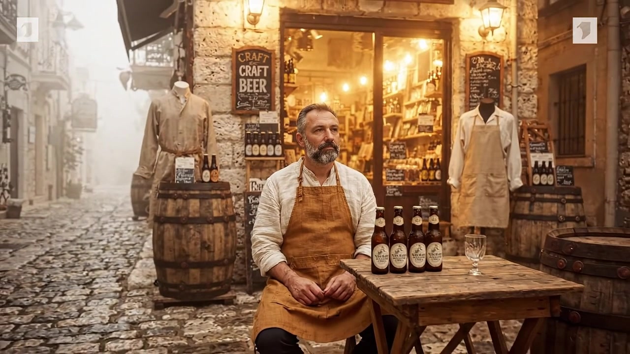 Un mastro birraio nel suo negozio di birra artigianale: Che cattura l'essenza di un birraio esperto circondato da artigianato e tradizione in una cornice di strada storica.