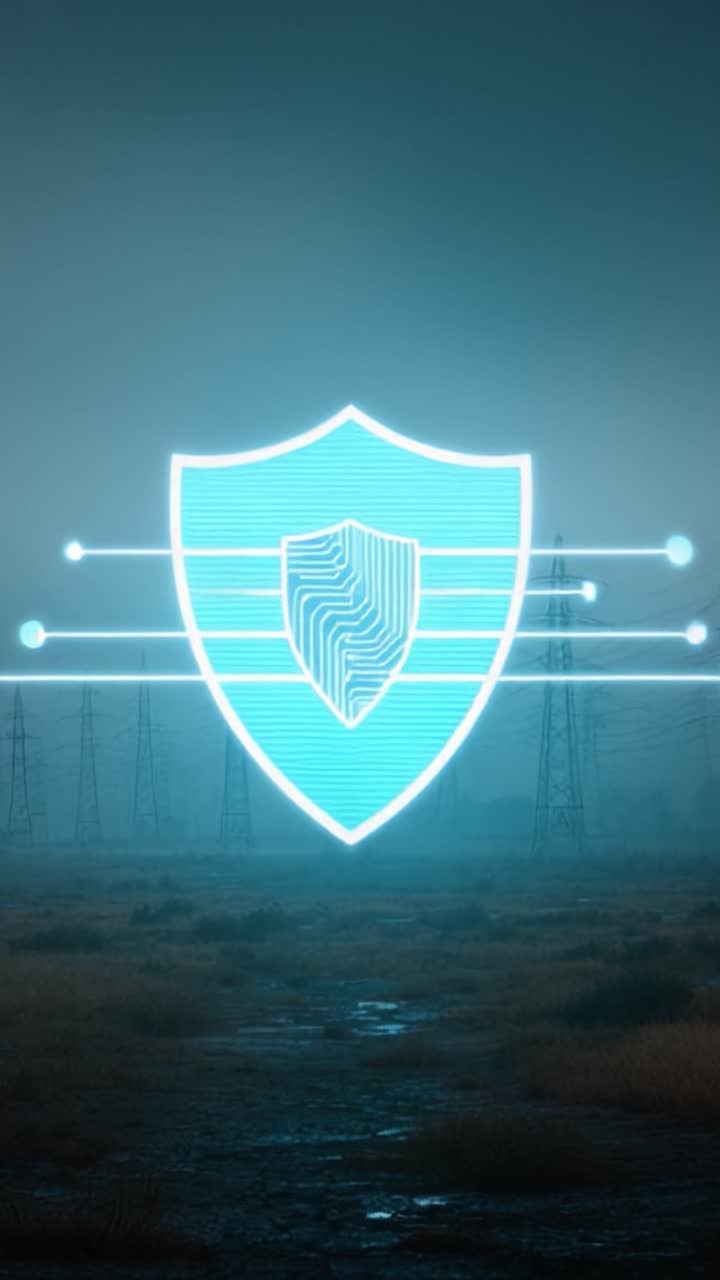 Uno Scudo Futuristico Brilla Intensamente Tra i Cavi Elettrici, Simboleggiando Protezione e Sicurezza nell'Era Digitale, Circondato da un Paesaggio Vasto con un'Atmosfera Nebbiosa