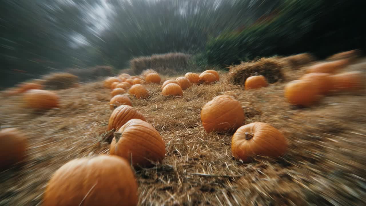 Vibrant pumpkins scattered across a rustic straw field, capturing the essence of autumn's harvest season in a beautiful, blurred motion ambiance
