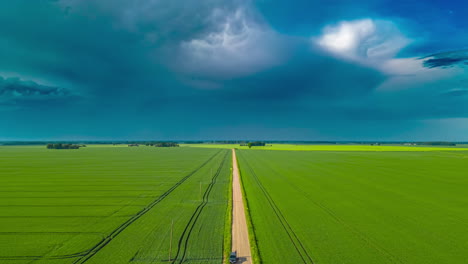 hyperlapse of dark clouds moving over green countryside fields