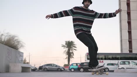skateboarder performing a trick in the city