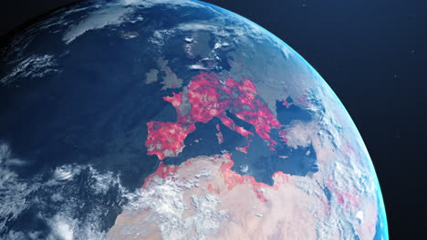 la animación digital del globo muestra la propagación global de la covid-19, los continentes se vuelven rojos.