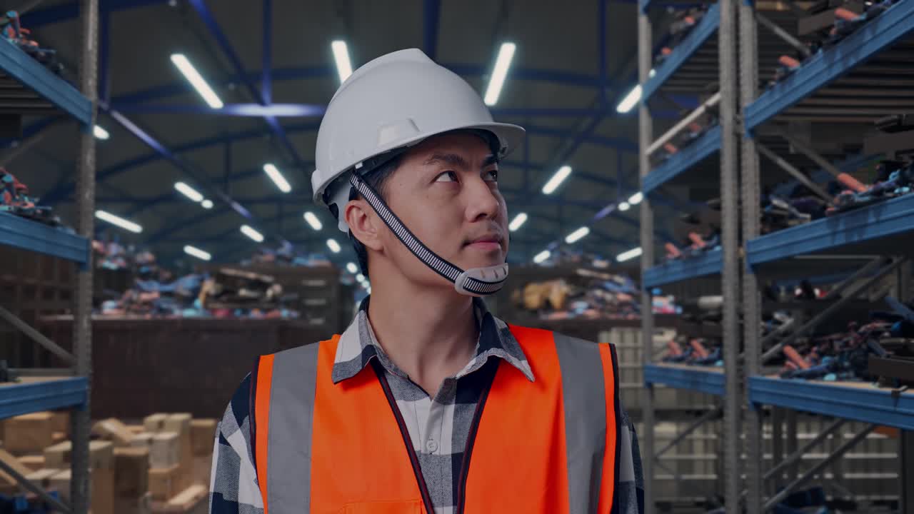 Primer plano de un ingeniero asiático con casco de seguridad mirando a su alrededor mientras está de pie, en un almacén industrial de chatarra y reciclaje.