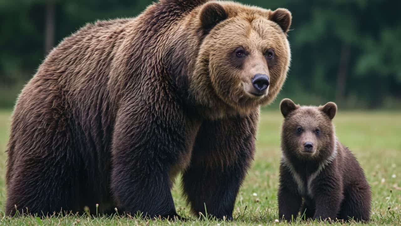 A mother bear and her playful cub are seen roaming freely in a lush green forest. The sunlight filters through the trees, illuminating their fur as they explore the surroundings. The mother bears a protective stance while the cub curiously investigates nearby grass. This peaceful moment in their nat