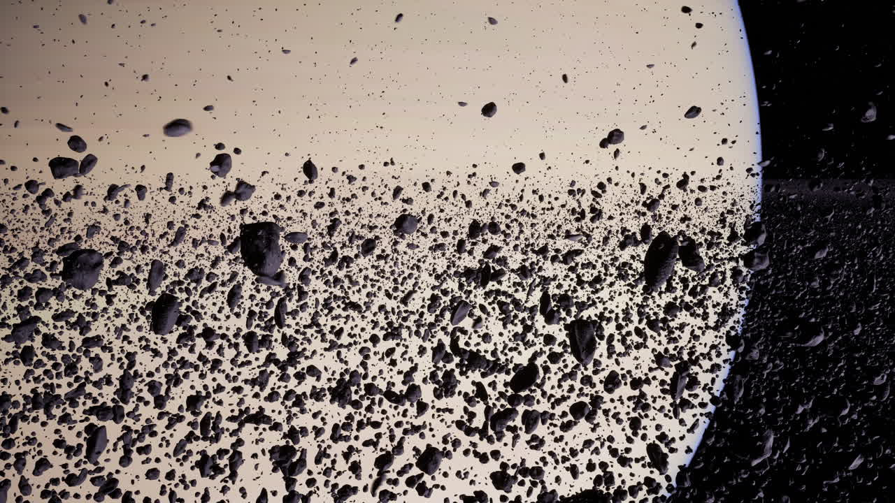 Saturns rings and rocky debris in a cosmic landscape