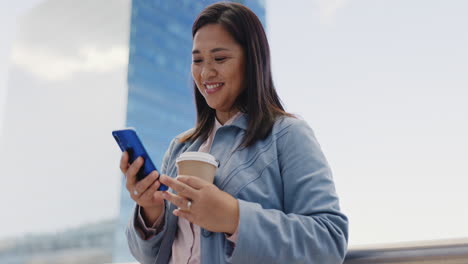 Woman,-takeaway-coffee-or-phone-in-city-on-social