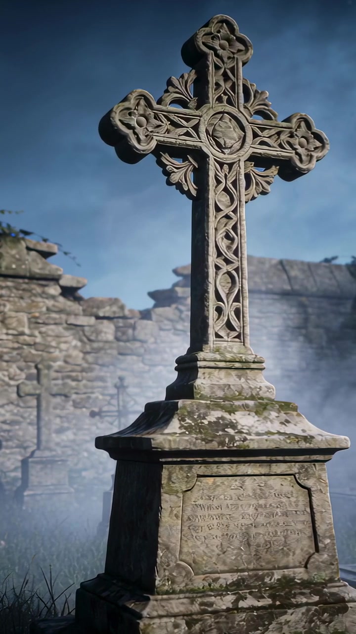 Video verticale: Telecamera che si avvicina a una croce celtica intagliata su un piedistallo in un cimitero, mostrando muschio.