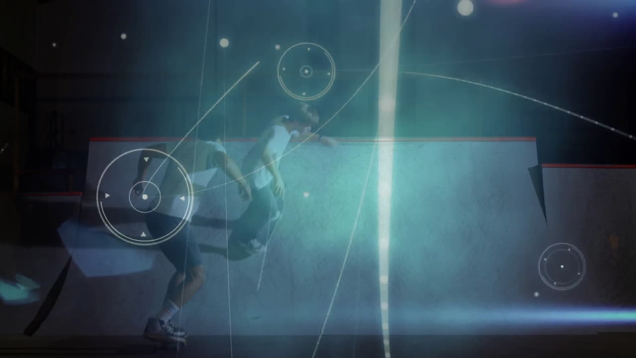 Two skateboarders riding halfpipe under bluish spotlight, adding dynamic tech light streaks