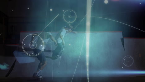 two skateboarders riding halfpipe under bluish spotlight, adding dynamic tech light streaks