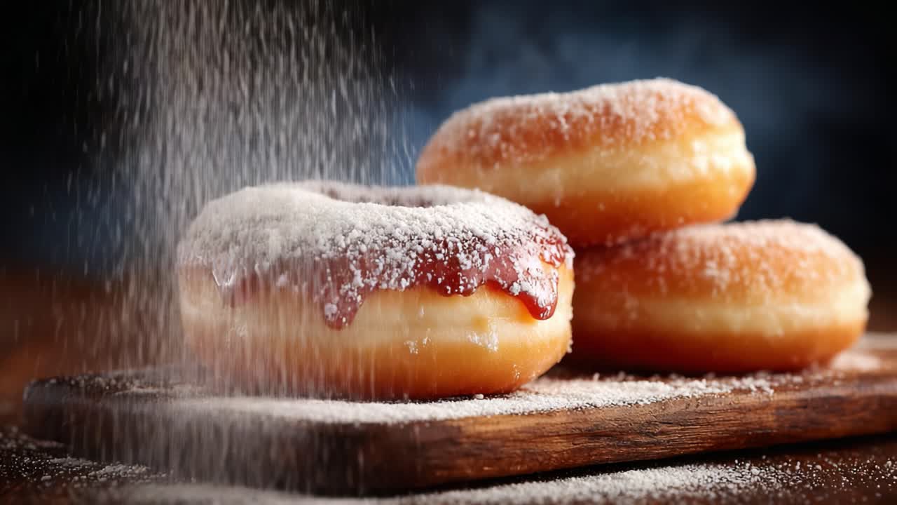 Pudra Şekeri Serpilmiş Lezzetli Sırlı Donutlar, Rustik Ahşap Bir Tahta Üzerinde Çarpıcı Detaylarla Yakalanmış, Tatlı Severler ve Tatlı Tutkunları İçin Mükemmel.