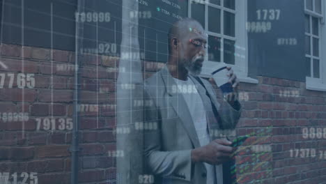 animation of data processing and diagram over african american businessman using smartphone