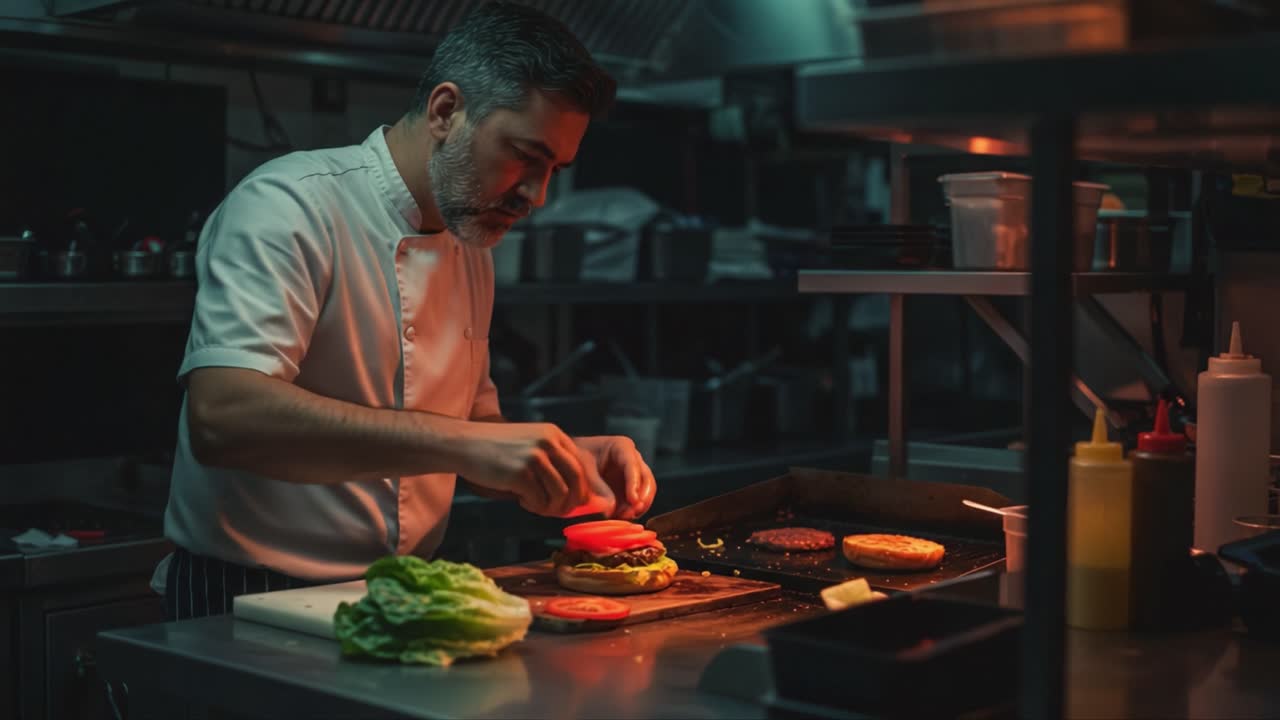 A Dedicated Chef Assembles a Gourmet Burger with Fresh Ingredients in a Dimly Lit Kitchen, Showcasing Culinary Skills and Attention to Detail