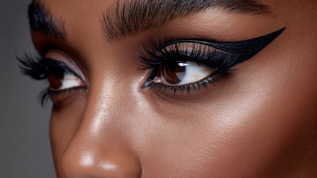 Extreme close up of beautiful eyes with bold graphic black winged eyeliner
