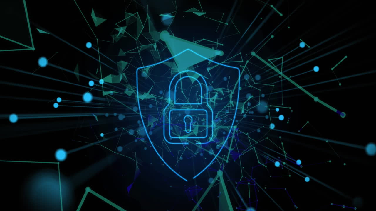 Animation of padlock in shield over connected dots forming geometric shapes against black background