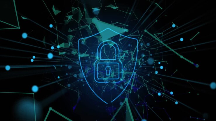 Animation of padlock in shield over connected dots forming geometric shapes against black background
