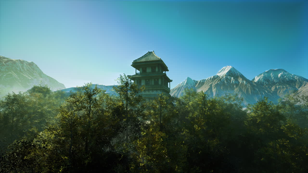 산 사이 에 자리 잡은 전통적 인 중국 파고다