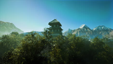 a traditional chinese pagoda nestled among mountains
