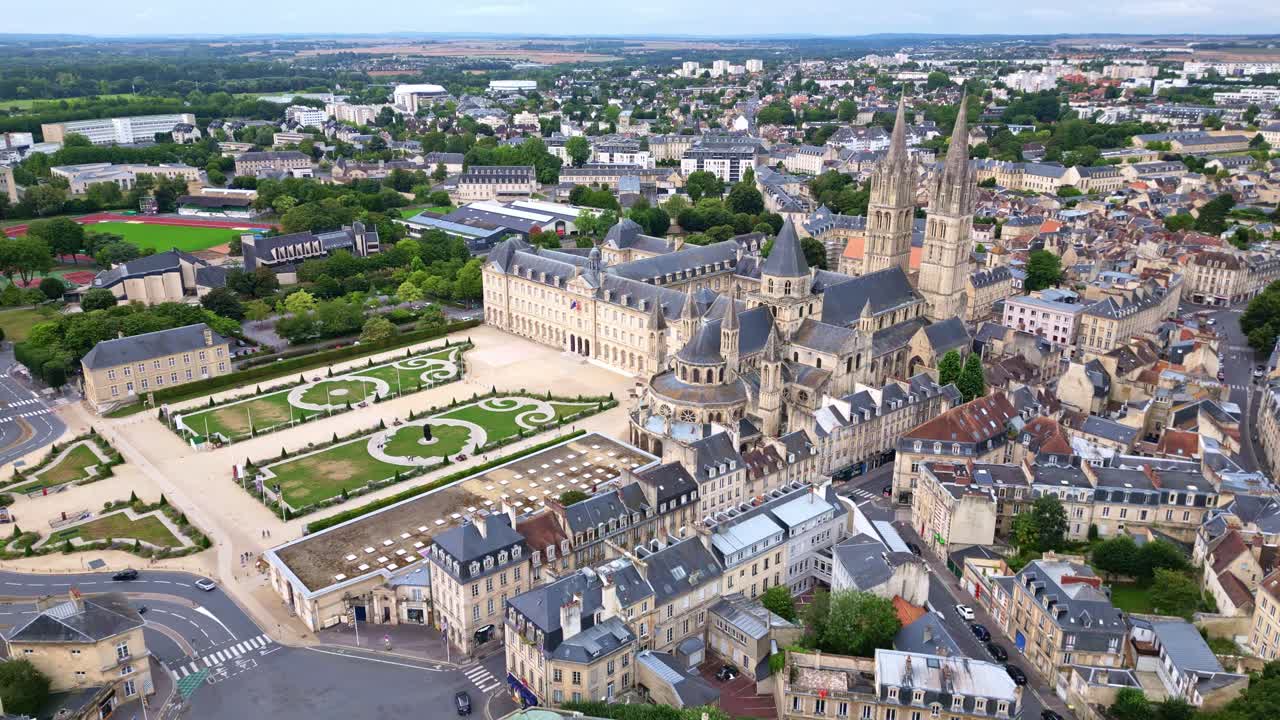 Abbey of Saint-Étienne or Abbaye aux Hommes or Abbey men, Caen in Normandy, France. Aerial drone sideways and cityscape