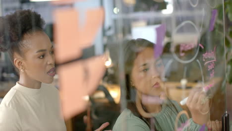 asian businesswoman writes on a glass wall with markers, with copy space