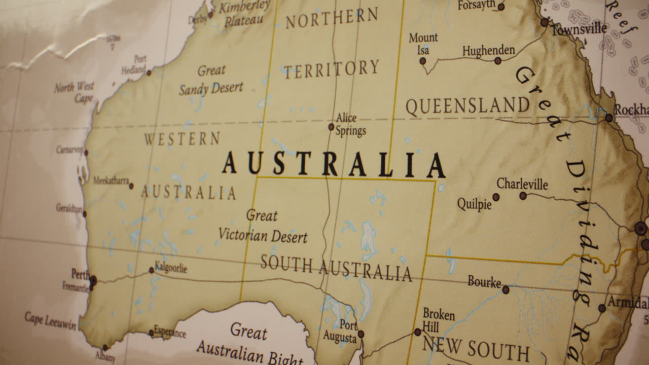 Close-up view of a detailed map of Australia