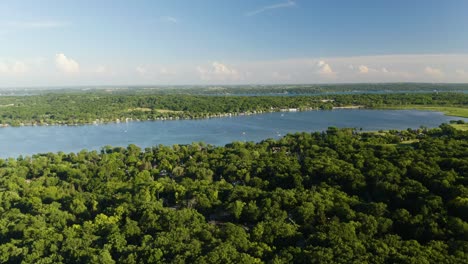 aerial view, large blue lake surrounded by green trees