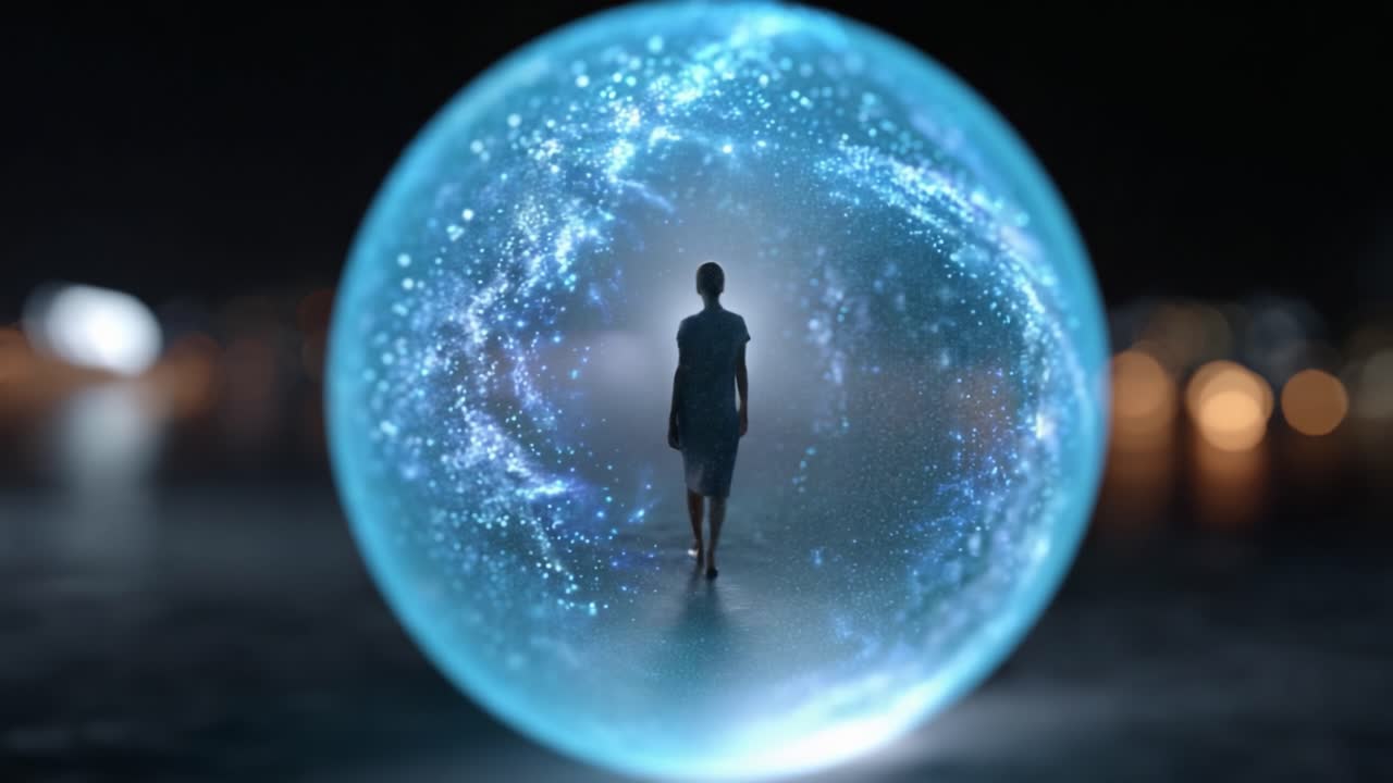 Un viaggio attraverso regni cosmici: una figura che cammina all'interno di una sfera mistica di stelle e luce, esplorando i confini tra realtà e immaginazione