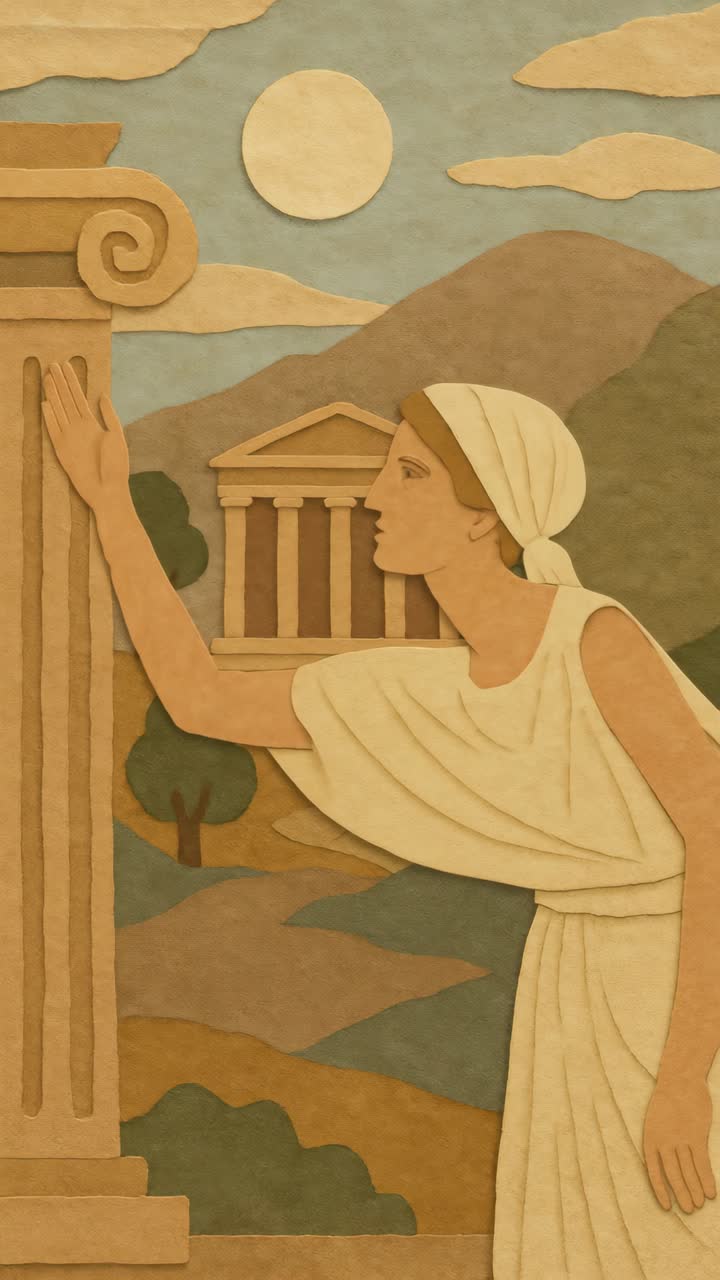 Concept art video ispirato alla Grecia classica con una vista di profilo di una donna in abiti antichi
