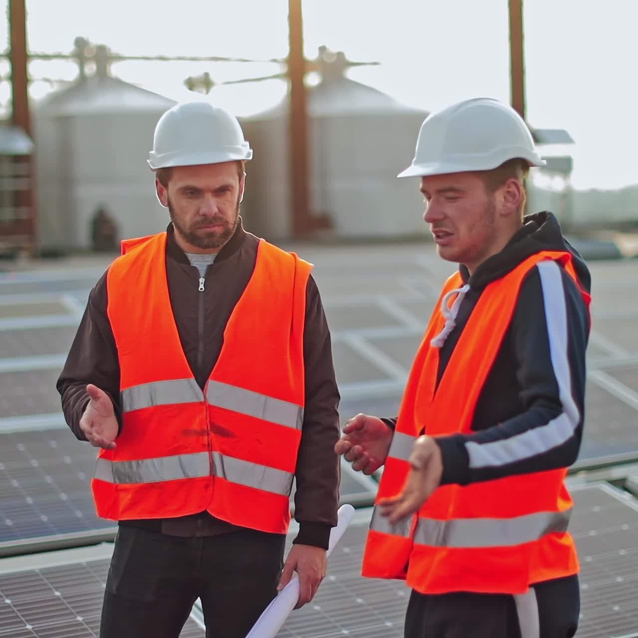 Two engineers in protective uniform on solar farm. Workers in hardhat talking about the installation of sunny panels for renewable energy.