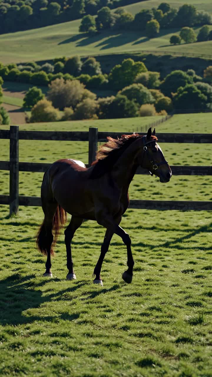 A majestic horse trots in a sunlit field, captured in a wide-angle shot