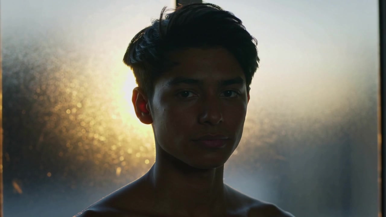 Turning shirtless Asian male rotating head toward camera by frosted glass, streaks lighting face