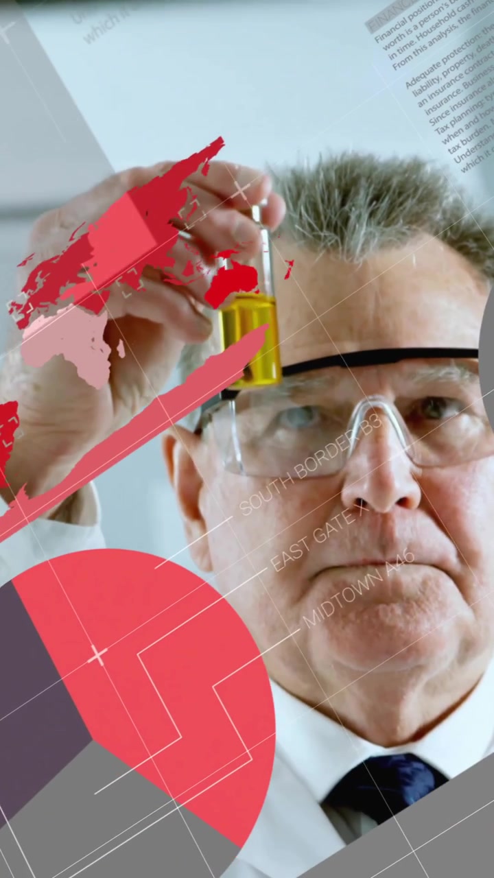 Animation of data processing over caucasian male scientist in laboratory