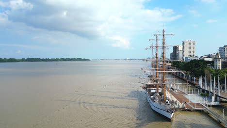 Vista-Aérea-Del-Frente-Del-Río-Malecón-Simón-Bolívar-En-Guayaquil,-Un-Lugar-De-Atracción-Recreativa-Y-Turística-Con-Lugares-De-Interés-Y-Espacio-Para-Caminar-Para-La-Población-Local-Y-Los-Turistas