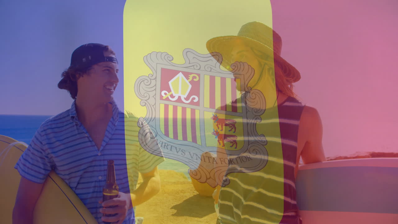 Holding surfboards and drinks, two people with Andorra flag animation overlay