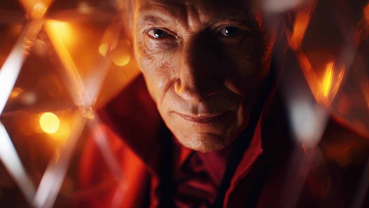 A close-up portrait of an enigmatic figure gazing intensely through a prism-like structure, illuminated by warm, flickering lights that create a dramatic, mysterious atmosphere and evoke a sense of intrigue