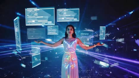 woman interacting with futuristic holographic data screens
