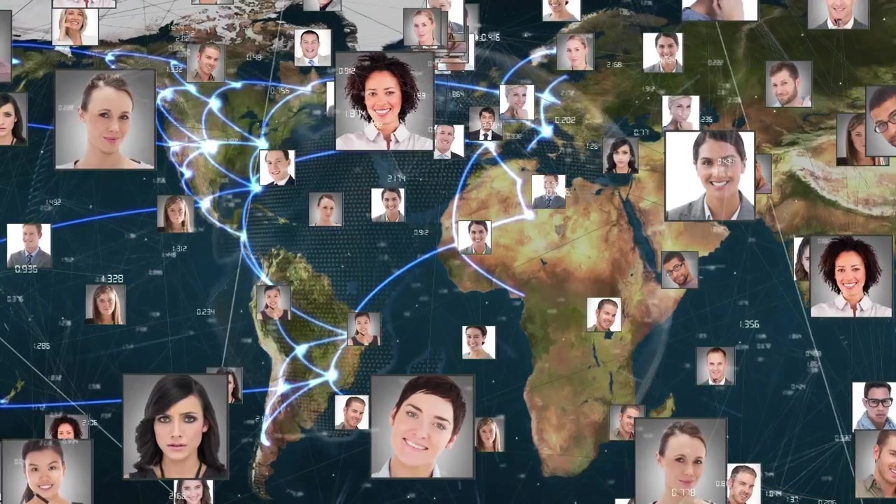 Animazione di un globo con rete di connessioni e foto di professionisti.