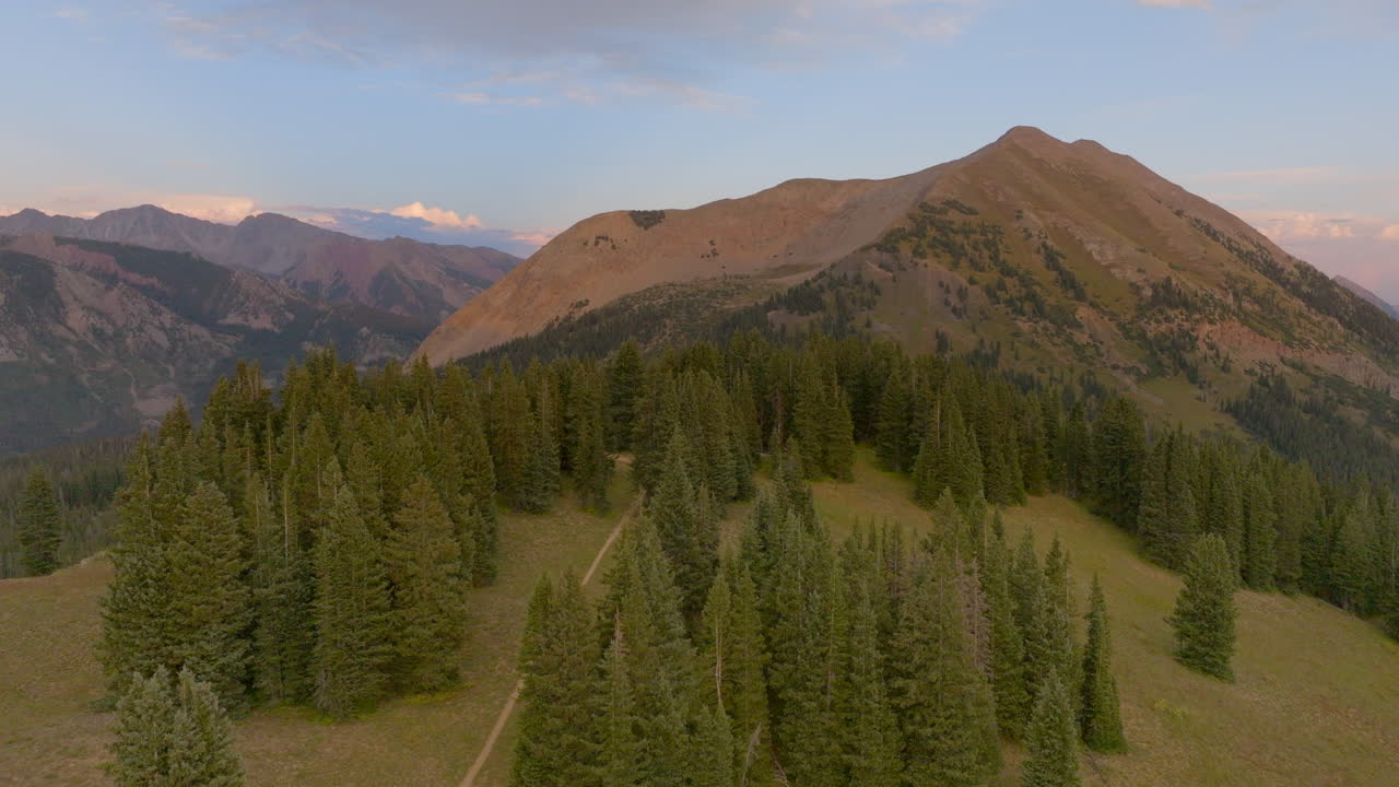 levántese sobre los árboles y la ruta de senderismo con el pico de la montaña y las montañas en el horizonte en un hermoso día en colorado