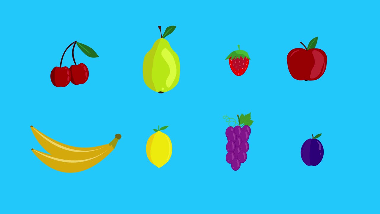 grupo de animación de frutas, pantalla azul, fondo extraíble, tecla de croma, diseño plano de dibujos animados