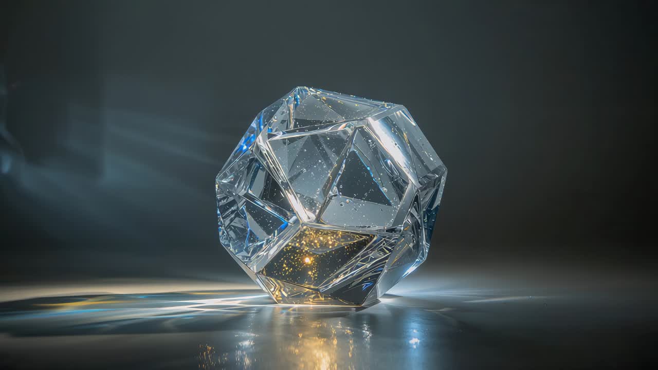 Luci cangianti che creano un cristallo sfaccettato brillante su un tavolo lucido, producendo riflessi dorati