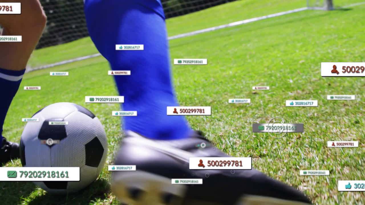 Kicking soccer ball, player with animation of digital data tags on field