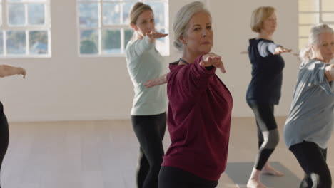 Clase-De-Yoga-Mujeres-Mayores-Que-Ejercen-Un-Estilo-De-Vida-Saludable-Practicando-Pose-De-Guerrero-Disfrutando-De-Un-Entrenamiento-Físico-En-Grupo-En-El-Estudio