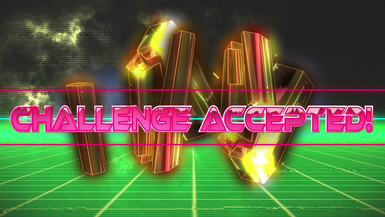 회색 배경에 있는 녹색 그리드 네트워크에 대한 네온 배너 위의 도전 텍스트가 수락되었습니다.